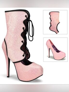 Bordello Teeze-31G Pink Glitter Platform Pumps Boots Heels Size 8 NWT